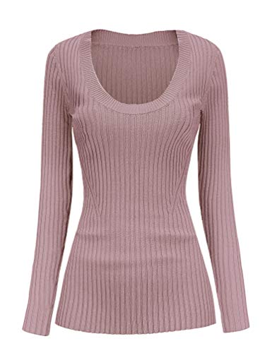 v28 Women Scoop Neck U-Neck Knit Long Sleeve Slim Fit Ribbed Sweater Tops (S, U Berry)