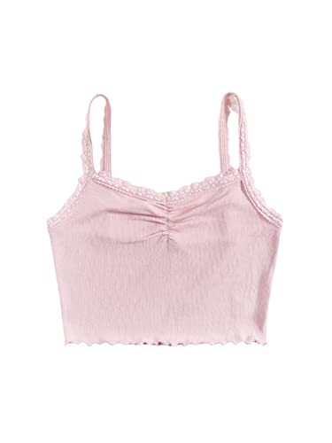 Floerns Women's Contrast Lace Spaghetti Strap Ruched Rib Knit Cami Crop Top Light Pink L