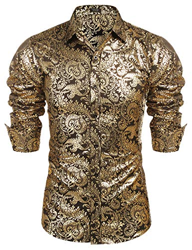COOFANDY Mens Gold Luxury Dress Shirts Paisley Print Shirts for Prom Performing/Party/Nightclub