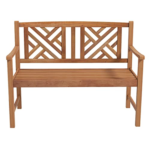 Giantex Outdoor Wooden Garden Bench - 2-Person Acacia Wood Bench, Outside Slats Loveseat with Armrest, Backrest, 800lbs Capacity, Patio Park Bench for Backyard, Front Porch Bench (Non-Foldable)