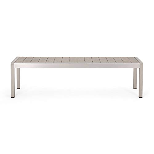 Odelia Outdoor Modern Aluminum Dining Bench with Faux Wood Seat, Natural and Silver