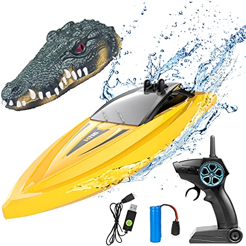 2 in 1 RC Boat for Kids, 2.4G Crocodile Remote Control Boat for Pools and Lakes Pond Garden Mini Yellow Speed Electric Floating Toys Boat with Disassembled Simulation Crocodile Head Spoof Toy for Boy