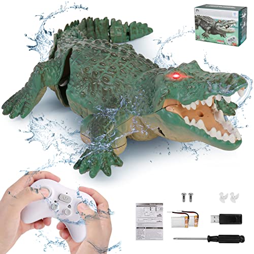 Outamateur RC Crocodile Boat,2.4GHz Alligator with Glowing Eyes,RC High Simulation Crocodile RC Boat Lake & Pool Toy,USB Rechargeable Waterproof Floating Alligator Toy for Kids Aged 6+ (Green)