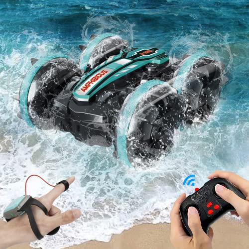 AmazeFun Amphibious Remote Control Car, 2.4GHz Gesture Sensor 4WD Remote Control Boat,360 Rotating Waterproof RC Stunt Car for Age 4 5 6 7 8 9-12 Kids Girls Boys Gift,All Terrain Beach Pool Water Toy