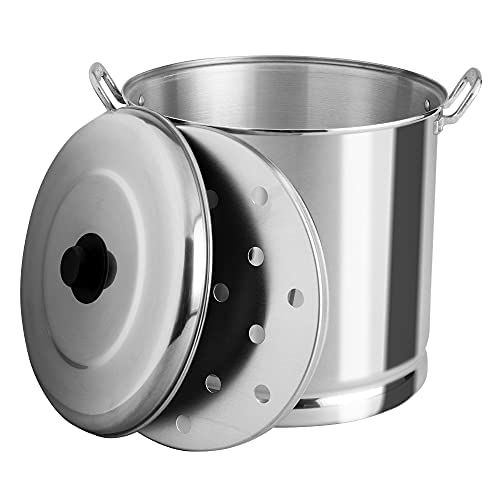 Vasconia 32-Quart Steamer Pot (Aluminum) with Tray & Aluminum Lid for Most Stoves (Hand-Wash only) Large Stock Pot for Tamales, Steaming, Boiling & Frying - Makes Seafood, Pasta, Veggies & More