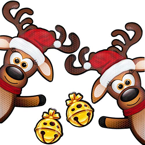 Bigtime Signs XL 4 Piece Reflective Magnetic Reindeer Car Kit - Funny Christmas Car Decorations + 2 Jingle Bells Magnets - Holiday Automotive Magnet (Waving Reindeer)