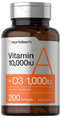 Vitamin A 10000 IU Softgels | 200 Count | with Vitamin D3 | Non-GMO, Gluten Free Supplement | by Horbaach