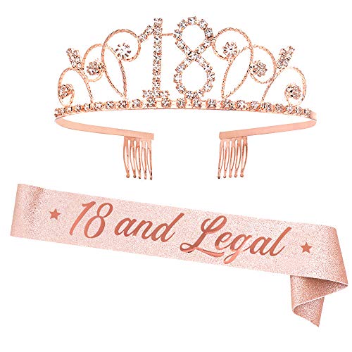 "18 and Legal" Sash and Rhinestone Crown Set - 18th Birthday Party Gifts Birthday Sash for Girl Birthday Party Supplies