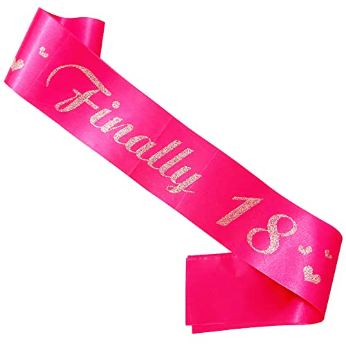 18th Birthday Sash, Hot Pink Satin Soft Sashes with Silver Glitter Letter, Finally 18 Birthday Decorations Gifts for Girls Happy 18th Birthday Party Favor Supplies