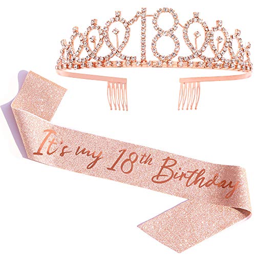 It's my 18th Birthday Sash & Rhinestone Tiara Set - Rose Gold Glitter 18th Birthday Gifts Birthday Party Supplies