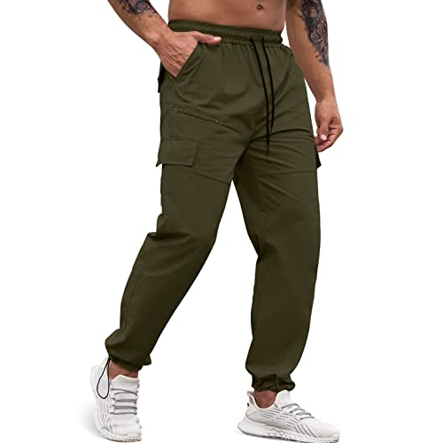 Lexiart Men's Workout Cargo Pants Elastic Waist Joggers Hiking Outdoor Athletic Sweatpants Casual Long Trousers with Pockets Green