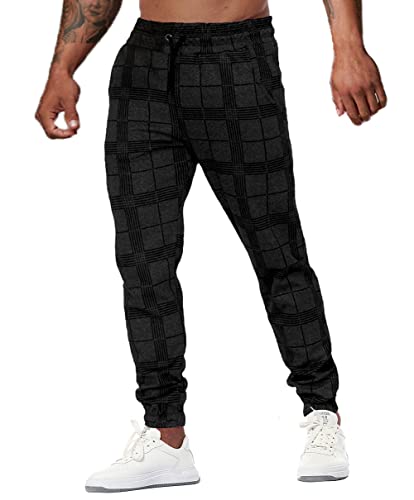 Men's Fashion Joggers Sweatpants Drawstring Workout Gym Tapered Pants Plaid Sport Pants Black