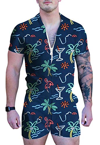 UNIFACO Mens Romper Hawaiian Outfits Coconut Tree Neon Print One Piece Zip Jumpsuit Rompers Navy Overall Party Shorts with Pocket L