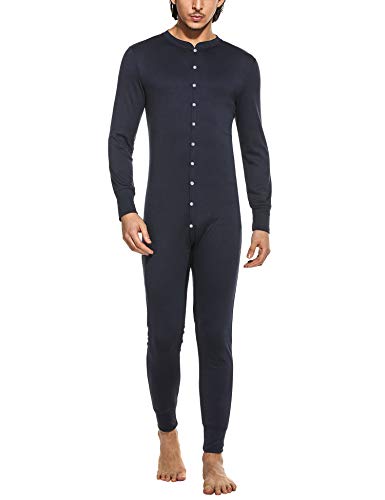 Hotouch Men's Button Down Solid Thermal Henley Adult Onesie Navy Blue L