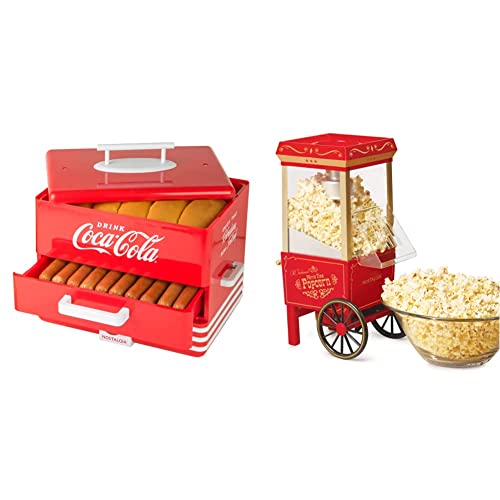 Nostalgia Extra Large Diner-Style Coca-Cola Hot Dog Steamer and Bun Warmer, Red & Popcorn Maker, 12 Cups Hot Air Popcorn Machine with Measuring Cap, Oil Free, Vintage Movie Theater Style, Red