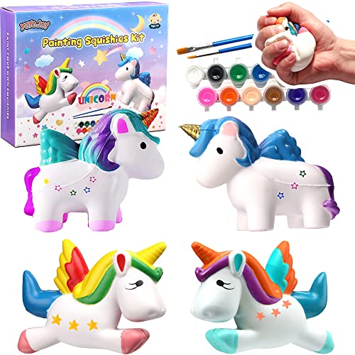 Unicorn Squishy Toys, Paint Your Own Squishies Slow Rising Kit, Large Squishies Pack Stress Relief Toy for Boys and Girls, Arts and Crafts for Kids 4 5 6 8 12, Birthday Easter, 4 Pack
