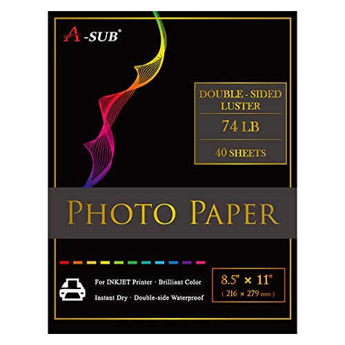 A-SUB Premium Double Sided Photo Paper Luster 8.5 x 11 Inch 74lb for Inkjet Printers 40 Sheets