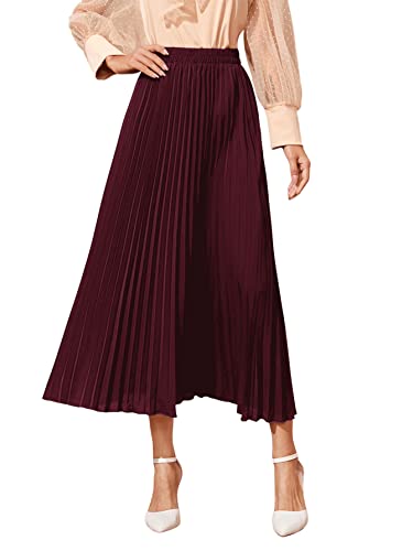 SweatyRocks Women's Casual Solid Longline Pleated Long Skirt Burgundy L