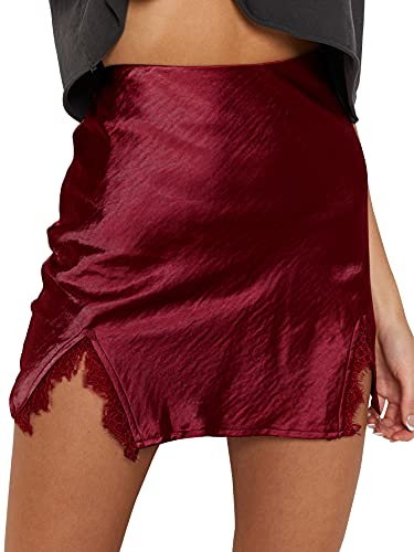 LYANER Women's Satin Lace Trim Split Slit Hem Zipper High Wasit Mini Short Skirt Burgundy Small