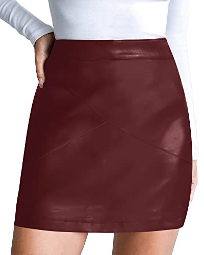 MANGOPOP Women Basic High Waisted Mini Short Pencil Bodycon Faux Leather Skirt (Wine Red(015), Small)