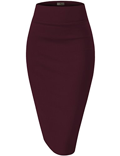 Womens Premium Nylon Ponte Stretch Office Pencil Skirt Made Below Knee KSK45002 1073T Wine XL