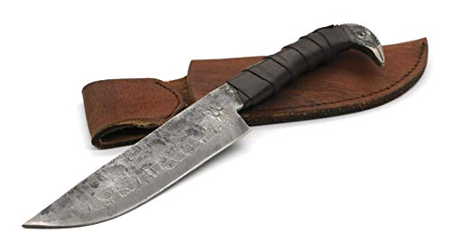 Odin's Raven Viking Knife 10.3" - Hand Forged 6.5" Carbon Steel Blade, Raven's Head Hilt and Leather Sheath - Unique Medieval Seax Style - Norse Knife for Hunting & Camping