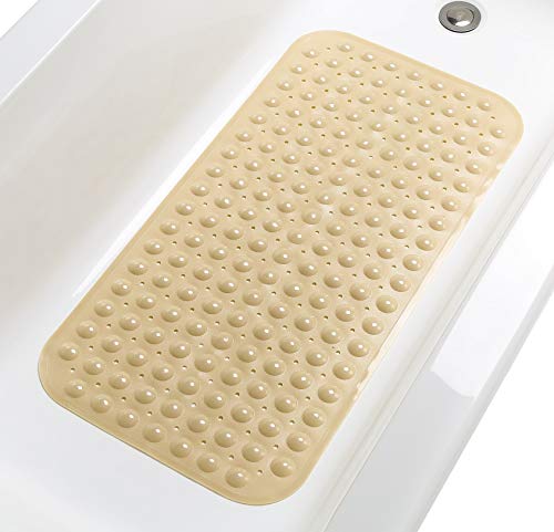 TIKE SMART Large Non-Slip Bathtub & Shower Mat 31x16 (Smooth/Non-Textured Tubs Only) Safe, Clean, Machine-Washable, Superior Grip&Drainage, Vinyl, Opaque Light Brown