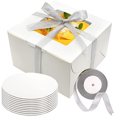 Wei Long 25pcs 8x8x5 Inch Cake Boxes with window Bakery Box Pastry Boxes Disposable Cake Containers Cake Boards Ribbons 25 Sets for Cakes,Pastries,Cookies,Pie,Cupcakes(White)