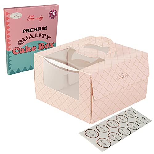 Bakery Cake Boxes 10-Set with Grease Proof Square Cake Boards. 8x8x5" in Attractive Pink Lemonade Color, Sturdy Handle, Large Clear Window. Ideal for Pies, Pastry, Baked Goods, Gifts