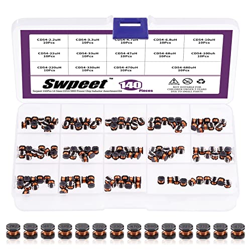 Swpeet 140Pcs 14 Values 2.2UH - 680UH CD54 Wire Wound SMD Power Inductor Assortment Kit, 5.8mm Chip Inductors - 2.2UH 3.3UH 4.7UH 6.8UH 10UH 22UH 33UH 47UH 68UH 100UH 220UH 330UH 470UH 680UH