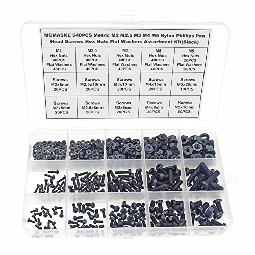 MCMASKE 540PCS Metric M2 M2.5 M3 M4 M5 Nylon Phillips Pan Head Screws Hex Nuts Flat washers Assortment Kit(Black)