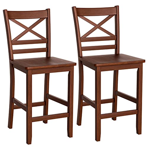 COSTWAY Bar Stools Set of 2, 25'' Antique Kitchen Counter Height Chairs with Wooden X-Shaped Backrest & Rubber Wood Legs, Suitable for Home, Cafe Store, Restaurant (2)
