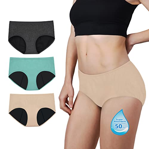 TIICHOO Period Underwear Heavy Flow Silky Absorbent Period Panties Women Teen Menstrual Underwear 3 Pack (Medium, Turquoise/Beige/Charcoal Gray)