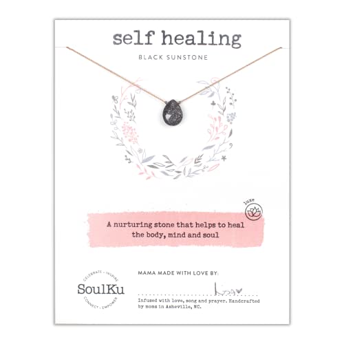 SoulKu Luxe Inspirational Necklace, Empowerment Jewelry, Handcrafted Necklace For Women, Gift For Mom, 2" Extender With Lobster Clasp, 16" Nylon Cord (Self Healing, Black Sunstone)