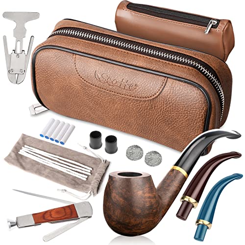 Scotte Tobacco Smoking Pipe,Leather Tobacco Pipe Pouch Pear Wood Pipe Accessories(Scraper/Stand/Filter Element/Filter Ball/Small Bag/Box) (Brown)