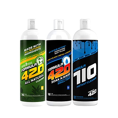 Formula 420 Bundle Pack : 1 Bottle ALL NATURAL Pipe Cleaner - Cleans - Glass, Pyrex, Metal, Ceramic 16 oz, 1 Bottle Soak-N-Rinse 16 oz & 1 Bottle Formula 710 Instant Cleaner 12