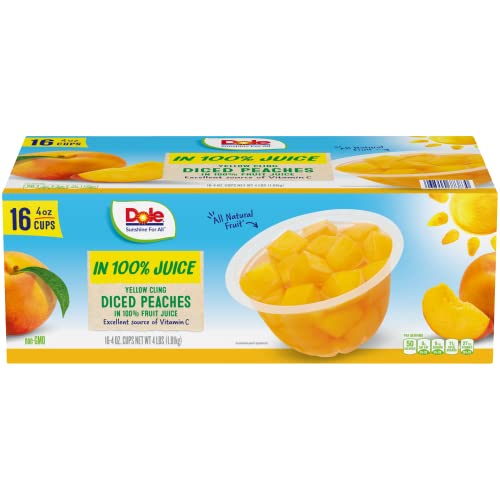 Dole Fruit Bowls Diced Peaches in 100% Juice, Gluten Free Healthy Snack, 4 Oz, 16 Cups