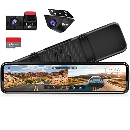PORMIDO Mirror Dash Cam 12" with Detached Front Camera,Anti Glare Full Touch Split Screen HD 1296P,Car Backup Rear View Mirror Camera Dual Lens with Sony Sensor,Super Night Vision,Parking Assistance