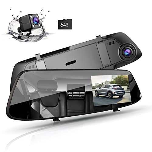 1080P Mirror Dash Cam 4.3in Touch Screen, Front and Rear Dash Camera, Waterproof Backup Camera Rear View Camera, Parking Assistance, Loop Recording, G-Sensor, Parking Monitor, Free 64GB Memory Card