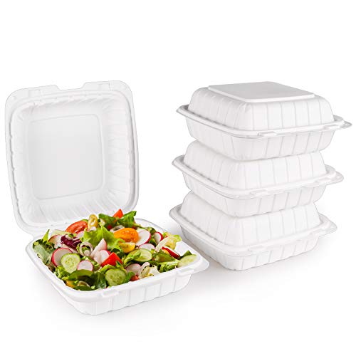 FULING [8x8-Inch, 50 Pieces Disposable To Go Box Containers, Plastic Clamshell Takeout Food Trays, Microwave Safe, Cut Resistantstable Hinged Lid, Hybrid Polypropylene, White