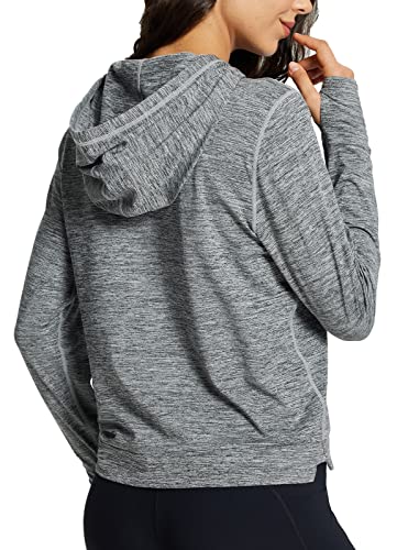 BALEAF Women's Running Hoodies Lightweight Pullover Athletic Shirts with Thumb Holes Fleece Lining Gray M