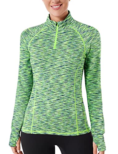 Zengjo Womens Quarter Zip Pullover Athletic Running Long Sleeve Shirt with Thumb Holes(Neon Green,M)