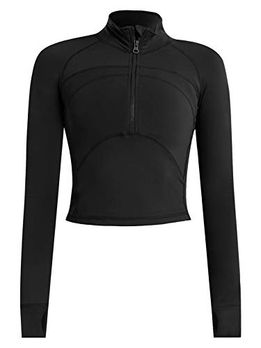 Vsaiddt Women's Athletic Half Zip Sweatshirt Lightweight Quick Dry Workout Yoga Running Crop Tops A-Black-S