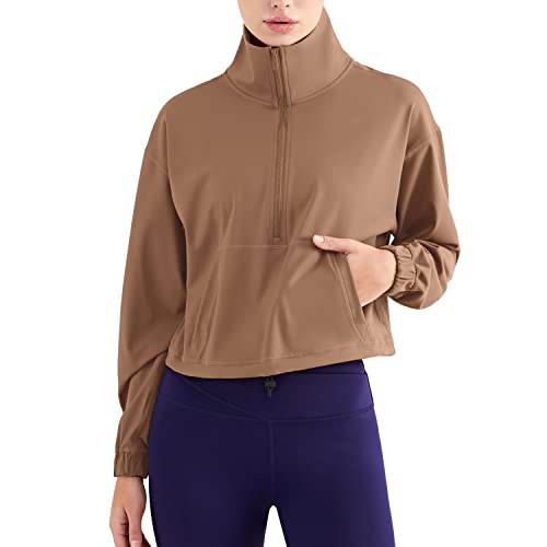 altiland Half Zip Pullover Cropped Jackets for Women Long Sleeve Workout Athletic Running Yoga Shirts (M, Cocoa Brown)