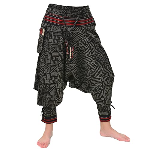 Siamrose Samurai Harem Pants Men Women Yoga Ninja Pants Handmade from Cotton (Black Gray Pattern)