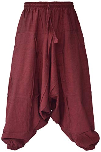 Gheri Men's Cotton Hemp Harem Aladdin Genie Wide Crotch Ninja Pants Trousers Maroon SM