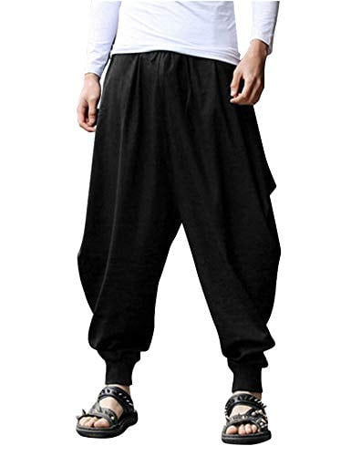 COOFANDY Black Harem Pants Men Baggy Linen Pant Hippie Beach Boho Yoga Casual Drop Crotch Trouser Black, X-Large