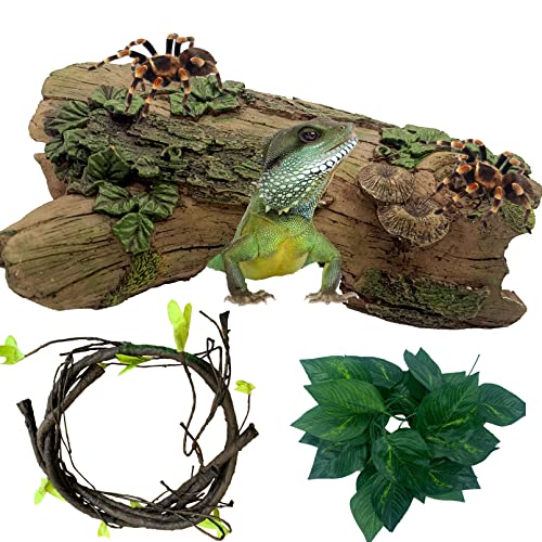 MUYG Resin Reptiles Hollow Tree Trunk Habitat Decor Reptile Log Hides Caves Bearded Dragon Hideout Cave Bark Habitats Decoration Gecko Hut for Lizard Chameleon Crested Gecko Snake Spider (3Pcs)