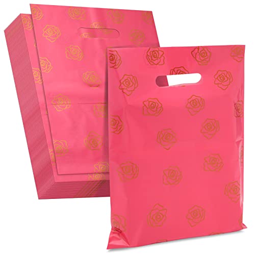 Stockroom Plus 100 Pack 9 x 12 In Small Merchandise Bags with Handles for Boutique, Gold Rose Shopping Bags for Retail Business (Hot Pink)