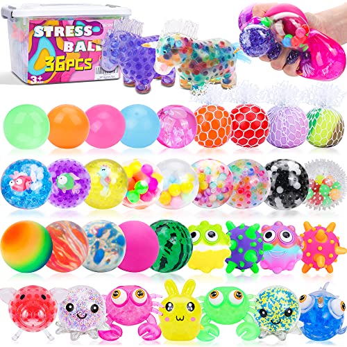 BESNEL 36Pack Stress Balls Set Fidget Toys Sensory Relief BallsSqueeze Ball Toys for Adults Kids Autism Hyperactivity,Stress Relieve, Increase Entertainment